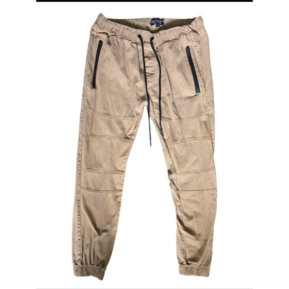 Free Planet Men's Moto Jogger Pants Tan Khaki Elastic Waist Drawstring - M